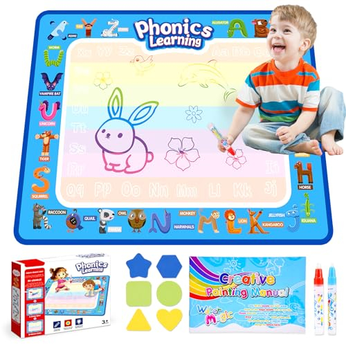 Gifitizi Spielzeug ab 1 2 3 4 Jahre, Wassermalmatte Kinderspielzeug ab 1 2 3 4 Jahre Malmatte mit Wasserstift Geschenk Mädchen 1-4 Jahre Wassermalbuch Montessori Spielzeug 1-4 Jahre(78 x 58 cm)(Blau)