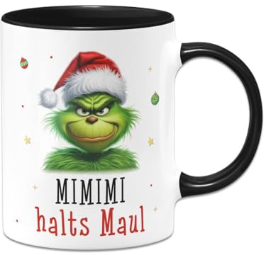 Tassenbrennerei Tasse Grinch - Mimimi Halts Maul - Anti-Weihnachten Weihnachtstasse lustig - Kaffeetasse mit Spruch Weihnachts-Deko (Schwarz)