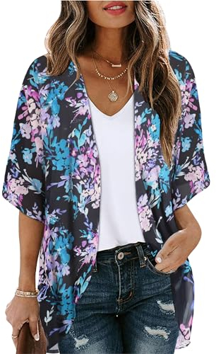 Kimono da donna con stampa floreale, maniche a sbuffo, cardigan ampio, camicetta casual, Stampa Fiori Viola, S