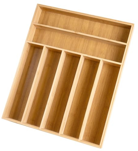Fibogollo Organizer per posate in bambù per cassetti da cucina con 7 scomparti, organizer per cassetti, organizer per cucina, posate, utensili