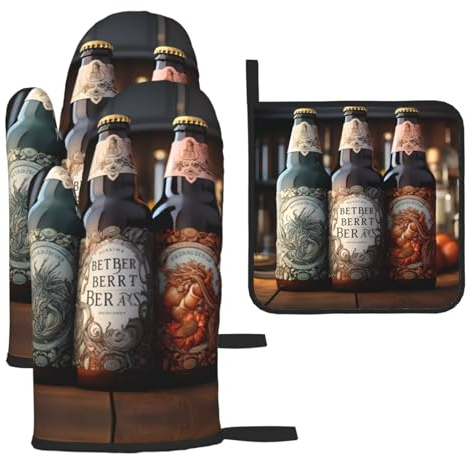3 Bierflaschen Ofenhandschuhe und Topflappen Grillhandschuhe und Halter zum Kochen Backen (3-teiliges Set)