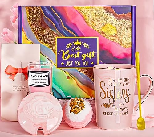 Doublewhale Sister Birthday Gifts, Sister Gifts from Sisters Brother, Unique Birthday Presents for Sisters, Sis, Her, Bestie, Coffee Mug Set with Gold Print, Bath Ball, Aroma, Lid, Spoon, Gift Box