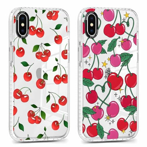 Foonary 2 Pack Transparent Phone Case Compatible with iPhone X/XS 5.8, Slim Fit Soft Silicone with Cherry Design Aesthetics Pattern, Shockproof Bumper Protector Matte Cover for iPhone X