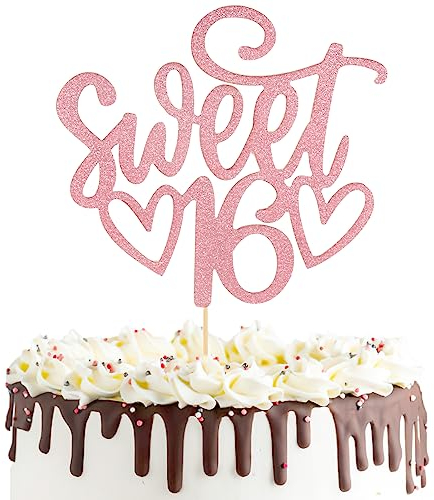 16th Birthday Cake Topper,1 Pack Sweet Teenager Glitter Cheers to 16 Years Old Cake Handmade Decorations Sign Personalised Party Supplies for Girls Delivery Theme Personalised Banner Rosegold