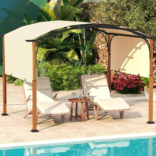 TANGZON 10 x 12 FT Outdoor Patio Gazebo, Arched Patio Metal Retractable Pergola with Canopy, Wood-Like Posts & 16 Ground Nails, Grape Trellis Gazebo for Garden Porch Backyard Deck (Beige)