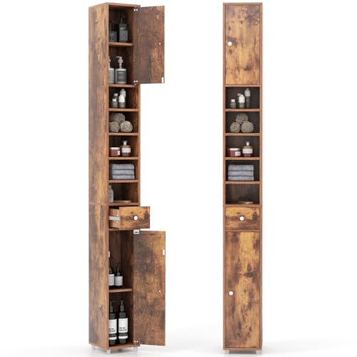 COSTWAY Badschrank Hochschrank schmal, Badezimmerschrank mit 2 Türen, 1 Schublade und verstellbaren Regalen, platzsparender Badregal für Badezimmer, Wohnzimmer, Küche, 20 x 20 x 180 cm (Braun)