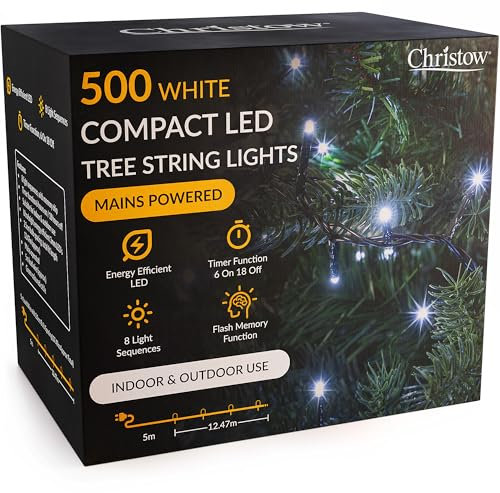 CHRISTOW Christmas Tree Lights, Compact White LED Fairy String Lights with Timer, 8 Light Modes, Indoor & Outdoor, Mains Operated, Green Cable (500 LED / 12.47m Lit Length for 5ft Xmas Tree)