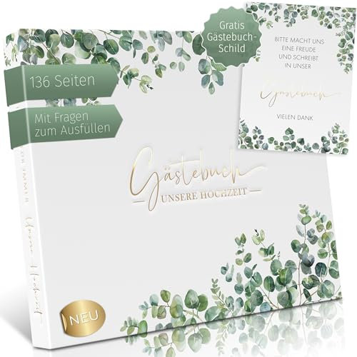 Love Notes® Gästebuch Hochzeit mit Fragen zum Ausfüllen – Hochwertiges Hochzeitsbuch für unvergessliche Erinnerungen, Edle Gold Prägung, 70 Gästeeinträge, 21 x 23 cm (Eukalyptus + Gold)