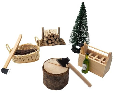 ZauberDeko Wichtel Zubehör Miniatur Beil Axt Tanne Werkzeugbox Korb Brennholz Set 10-teilig