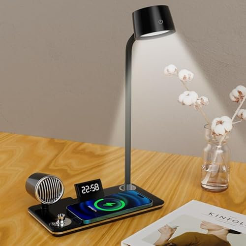 Zinueen Schreibtischlampe LED Dimmbar, 3 Farben, Desk Lamp Kabellos Schreibtischlampe Mit Ladefunktion, Multifunktionalem Bluetooth-Lautsprecher Und Uhr, Schreibtischlampen (Schwarz)