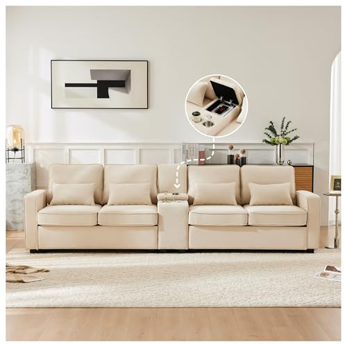 Sofá moderno de 4 plazas de tela de lino con consola, 2 portavasos, 2 puertos USB para carga con cable, con bolsillos en los reposabrazos y 4 cojines, sofá simple para salón, casa, oficina, beige