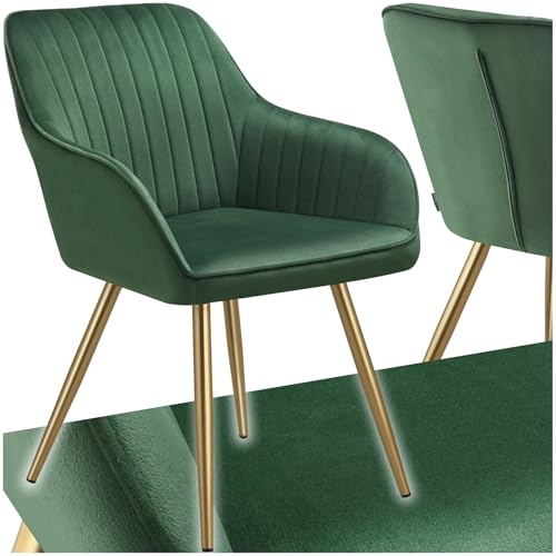 tectake® Dining Chair with Quilted, Velvet-Look Cover, Softly Padded Armchair with Continuous Backrest & Golden Steel Legs, Ideal as Kitchen, Living Room, Bedroom & Desk Chair - Dark Green/Gold
