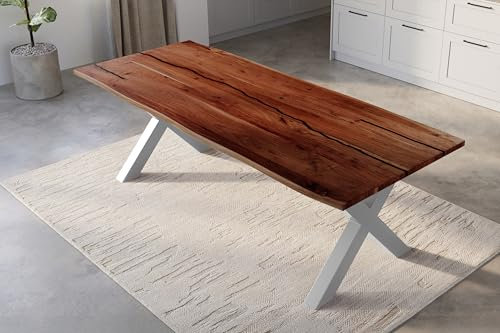SAM Baumkantentisch 280 x 100 cm Polly, Epoxidharz-Adern in Schwarz, Akazienholz massiv + nussbaumfarben, Esstisch mit X-Eisengestell Silber, Tischplatte 26 mm, Esszimmertisch mit echter Baumkante