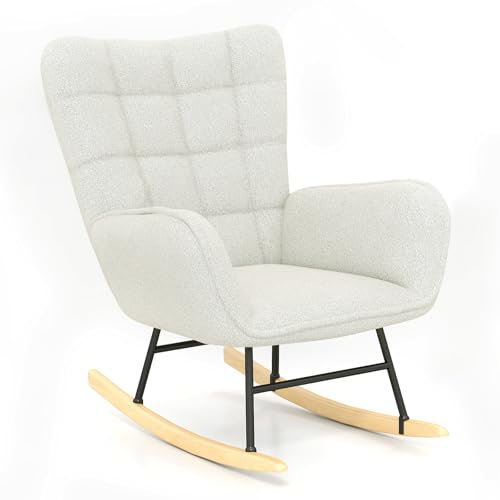 Schaukelstühle für Erwachsene, Teddy Fleece Kinderzimmer Schaukelstuhl entspannende Liegestuhl mit Massivholz Beinen hohe zurück Lounge-Stühle für Balkon Wohnzimmer Schlafzimmer (16 Gitternetze)