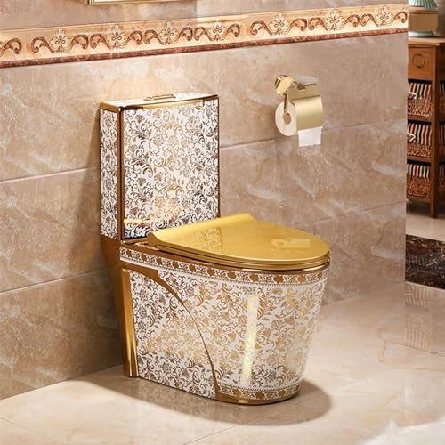 XAoSCd Inodoro Dorado, Inodoros para Baños, Inodoro con Asiento Confort, Inodoro De Una Pieza Altura Confort Alargada, Compacto Doble Descarga,Gold-26.8x30.7x15.3in(300mm)