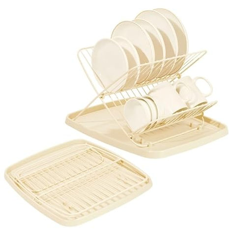 MAOYUAN Folding Dish Drainer Dish Rack with Drip Tray Collapsible 2-Tier Dish Drainer Rack Metal Plate Drying Rack Kitchen Sink Organizer, Cream