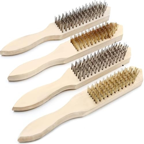 Kaizuca 4 Pack Wire Brush Set, Brass with Wooden Handle, Metal Brush for Cleaning Rust, Grill, and Dirt
