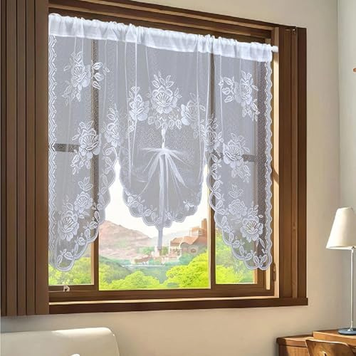 KnBoB Scheibengardine Transparent Blumen (100x200cm) – Stickerei Spitze Voile Gardinen Kurz, M-Bogen, Stangendurchzug, Polyester, Weiß – 1 Stück