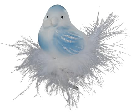 Christbaumschmuck Vogel auf Clip 7cm mundgeblasenes Glas handbemalt - Glasfigur Dekovogel mit Glitzer und Federschwanz auf Klammer - Weihnachtskugeln - Vögel Deko Blau