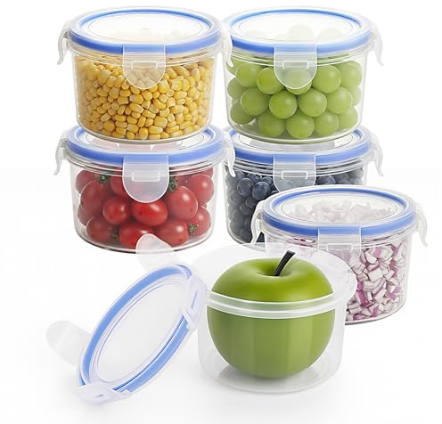 6 Pack Food Containers, 300ml Round Leak-Proof Food Containers with Lids, Plastic Reusable Small Fruit Pots with Lids for Yoghurt, Fruit, & Snacks (Transparent)
