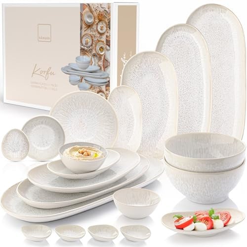 SÄNGER | Servierplatten Korfu 15 tlg, Schalen & Teller Set, Geschirrset Steingut inkl. Servierplatten & Müsli & Dipschalen, Servierset Spülmaschinenfest Creme sandige Maserung | PREMIUM COLLECTION