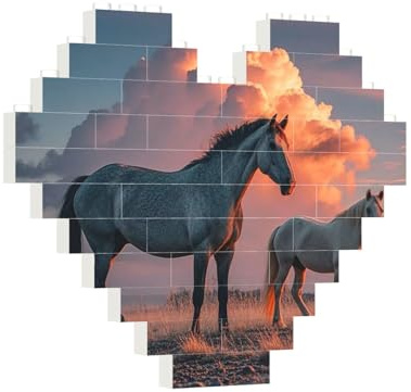 Baustein-Puzzle, Herz-Pferde, rote leuchtende Wolken, Baustein-Puzzle, Puzzles für Erwachsene, personalisiertes Fotoblock-Puzzle, Heimdekoration, 3D-Stein-Puzzle für Damen und Herren