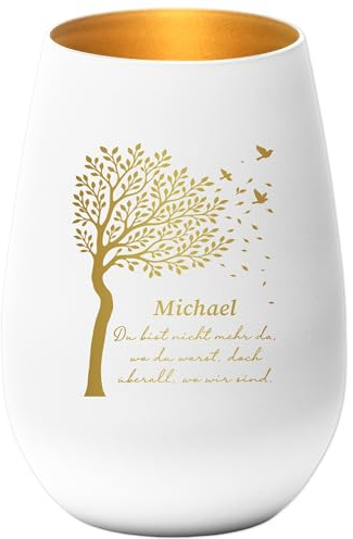 Trauergeschenk Trauerkerze personalisiert Windlicht aus Glas Trauer Geschenk für Hinterbliebene Baum Trauerlicht mit Gravur Gedenkkerze (Weiß)
