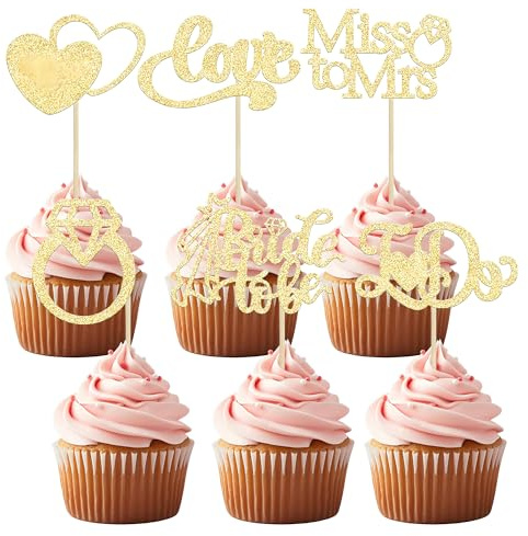 24 Stück Cupcake Topper Mr & Mrs Deko Hochzeitstorte, Glitzer Tortendeko Hochzeit Gold, Mr Mrs Muffin Deko, Herz Cupcake Topper Hochzeit Kuchendeko für Verlobung Hochzeitsfeier