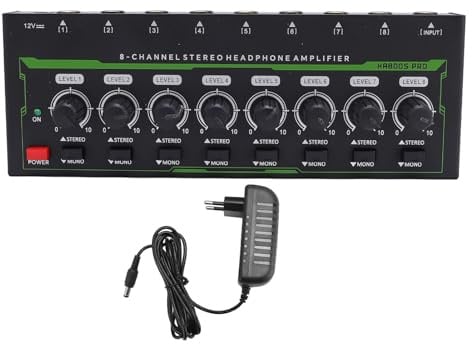 ZenithAur Amplificatore per cuffie a 8 canali con alimentazione DC 12V, 8 manopole del volume individuali e connettori da 6,35 mm, un distributore di cuffie stereo per uso