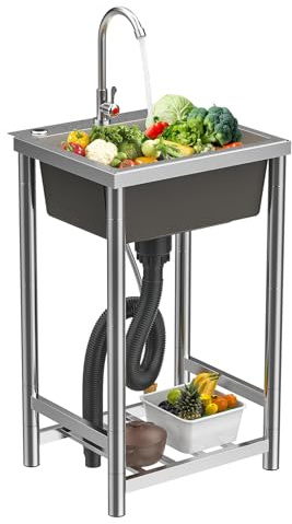 Freestanding Kitchen Utility Sink, Stainless Steel Single Bowl with 360 Degrees Rotating Faucet & Filter Basket, Quiet Drainage Utility Laundry Sink for Home Restaurant Outdoor Garden