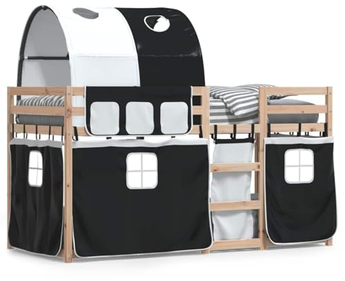 Yisssmeng Etagenbett Kiefernholz 90x200 cm weiß schwarz Vorhänge Spielbett Rausfallschutz Leiter für Kinderzimmer Jugendzimmer platzsparendes Design