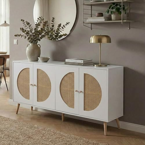 Mendler Sideboard HWC-P49AM, Poly-Rattanfront 80x160x40cm - weiß | Schrank, Kommode, mit Türen, Anrichte, Staufächer, MDF, Melamin