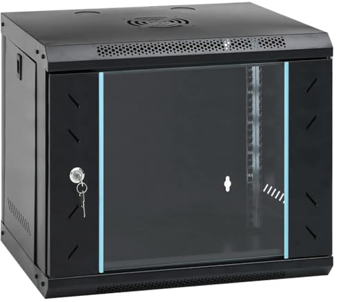Teenpull 9HE Wall Mounted Network Cabinet 19 Inch IP20 Cold Rolled Steel 53 x 40 x 45 cm with Lockable Glass Door and Lock Ideal for NAS, File Server, RAID and Home Network