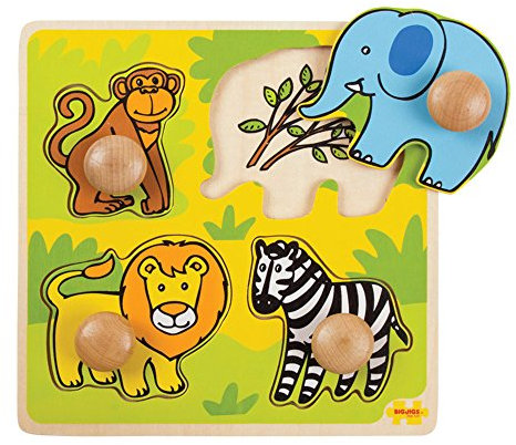 Bigjigs Toys Wooden Peg Puzzle Safari - Quality Peg Puzzle for 1 Year Old , Fine Motor Skills Toys for Babies & Toddlers, First Animal Jigsaw Puzzle