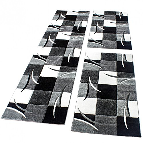 Paco Home Bettumrandung Läufer Teppich Modern Karo Schwarz Grau Weiss Läuferset 3 TLG., Grösse:2mal 80x150 1mal 80x300