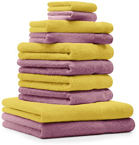 Betz 10-TLG. Handtuch-Set Premium 100% Baumwolle 2 Duschtücher 4 Handtücher 2 Gästetücher 2 Waschhandschuhe Farbe Gelb & Altrosa