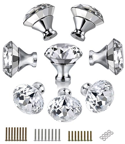 BTSKY 40mm Clear Glass Crystal Cabinet Knobs - Diamond Shape Wardrobe Drawer Pull Handle - 8 Pack, Come with 3 Kinds of Screws