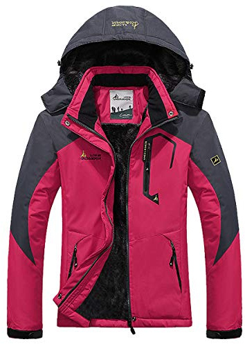 donhobo Womens Waterproof Jacket Winter Warm Fleece with Hood Windproof Camping Hiking Coat(Rosy,S)
