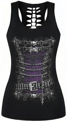 Ocean Plus Femme Crâne Sport Débardeurs Gothique Cache-cœur Gilet d'entraînement sans Manches Chemise Criss Cross Noir T-Shirt Halloween (L (Poitrine: 92 cm), Corset Punk)