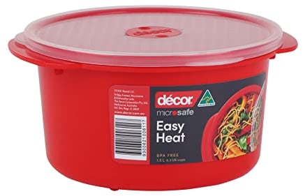 Décor Microsafe 1.5L Round food container. Microwave, freezer, dishwasher safe and BPA Free with air release vent and handles. Master microwave cooking and reheating with Microsafe Red.