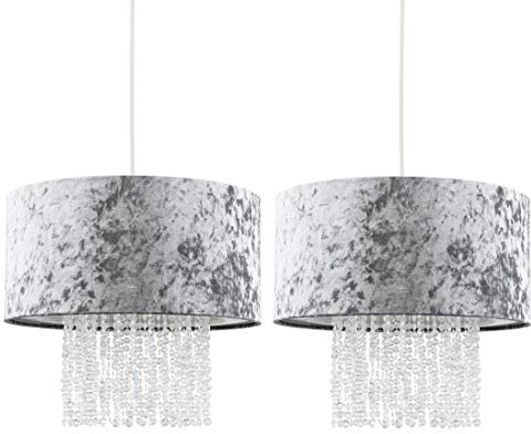MiniSun | Modern Silver Grey Velvet Ceiling Pendant Light Shades with Clear Acrylic Droplets | Pendant Lights, Home Décor & Improvement Essential | Set of 2 | Includes Bulb | 33cm Shade Width