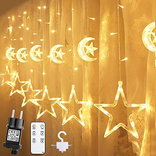 Quntis 138 LEDs 2m 12 Mond Sterne Lichtervorhang mit Haken Timer Dimmbar Fernbedienung, 8 Modi Lichterkette Warmweiß mit Stecker Innen Außen, Deko Weihnachtsbeleuchtung