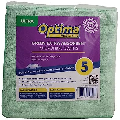 Optima Proclean 5 'Ultra' Premium Microfibre, Heavy Duty, Streak Free, Cleaning Cloths, 40x40cm, Green