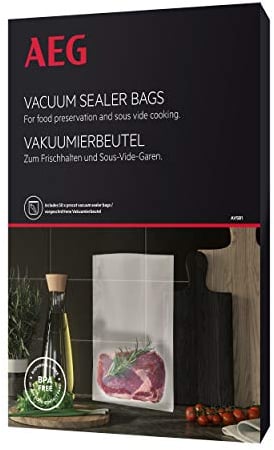 AEG AVSB1 Vakuumierbeutel (Kühl- und gefrierschranktauglich, Frischhalten, Konservieren, Kochen, Sous-Vide-Garen, vorgeschnitten, 7-Lagen, reißfest, 500ml, -30°C bis 110°C, transparent), 22cm x 30cm