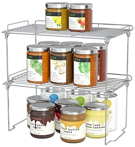HapiRm Spice Rack Cupboard Organiser - Set of 2 Foldable Shelf Organiser, Stainless Steel Kitchen Shelf Organiser Stackable, Pantry Storage Solutions, Plate Shelf Organisers for Kitchen