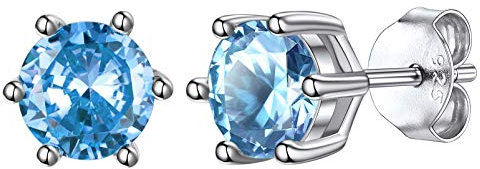 Clou Femme Argent 925 Aquamarine Boucles d Oreilles Crital Zirconium Petit Puce Rond Cubique Hypermarine Bleu Claire Pierre Précieuse mars Mignon Enfant Fille Maman BFF Souvenir