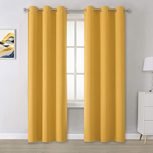 DUALIFE Goldgelbe solide Vorhänge, 248 cm Länge, Verdunkelungsvorhang für Schlafzimmer, Raum, Verdunkelung, goldene Fenstervorhänge für Wohnzimmer, wärmeisolierte Ösenoberseite, 42 B x 96 L, 2 Paneele