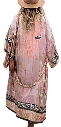 Bsubseach Sexy Beach Coverups Long Sleeve Kimonos Summer Cardigans for Women Pink Print Swimsuit Cover Up with Belt