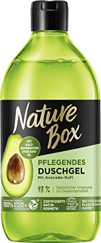 Nature Box Gel doccia nutriente con profumo di avocado (385 ml), cura della doccia con olio di avocado spremuto a freddo, bottiglia in 100% plastica sociale riciclata