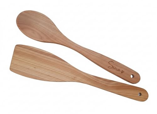 Pfannenwender/Löffel oval mit Wunschname/Text - massivem Kirschholz - geölt - 30 cm - Kochlöffel Personalisiert, Pfannenwender graviert